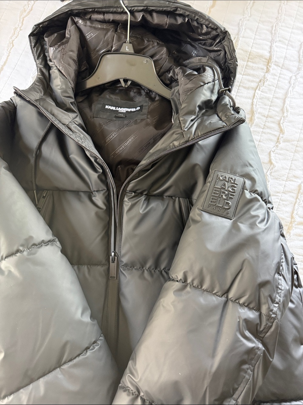 Karl Lagerfeld Matte Black Quilted Hooded Puffer